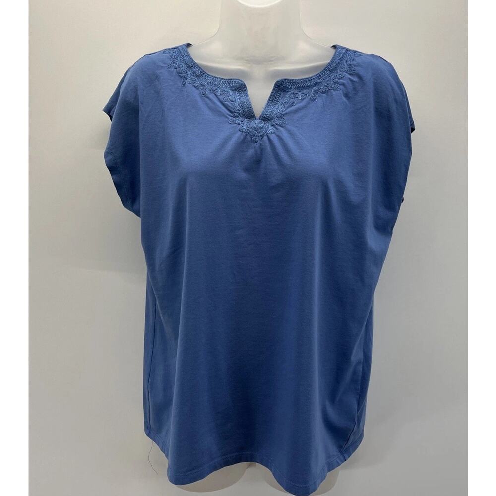 TALBOTS Embroidered Women short sleeve Top - blue - Petite Size PL